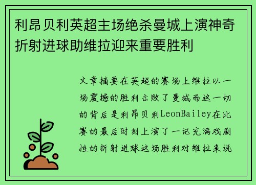 利昂贝利英超主场绝杀曼城上演神奇折射进球助维拉迎来重要胜利