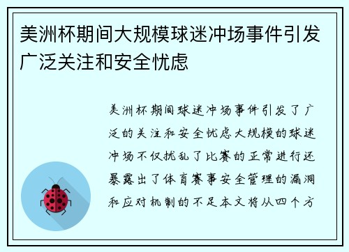 美洲杯期间大规模球迷冲场事件引发广泛关注和安全忧虑 美洲杯期间大规模球迷冲场事件引发广泛关注和安全忧虑